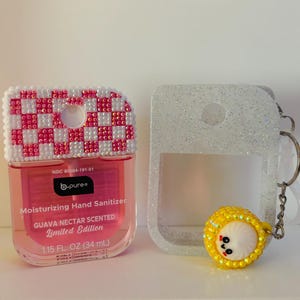 Bedazzled Hand Sanitizer Holder Set | Checkered Rhinestone Sanitizer Case & Mini Dumpling Keychain | Cute Sparkly Bag Charm