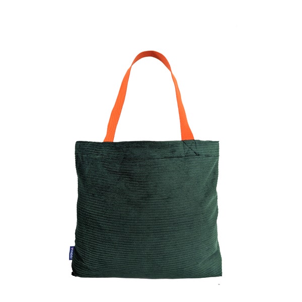 Corduroy Tote Bag | Secret pocket + interior pocket, forest green, orange | Made in Canada