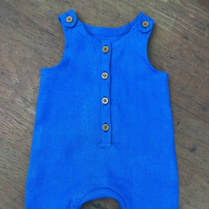 Linen Romper button front One piece jumper, sleeveless,  cuffed long pants. 3 months