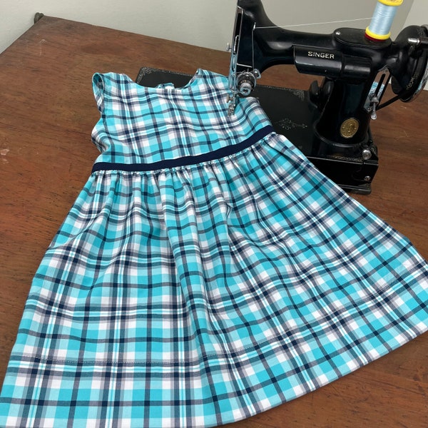 Turquoise, white and navy plaid baby dress size 18 months made from up-cycled dress shirt.