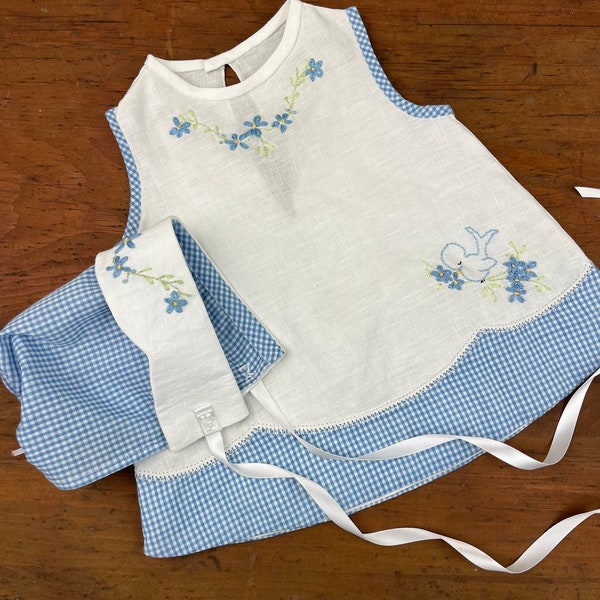Heirloom Linen summer dress and blue gingham bonnet set  0-3 months