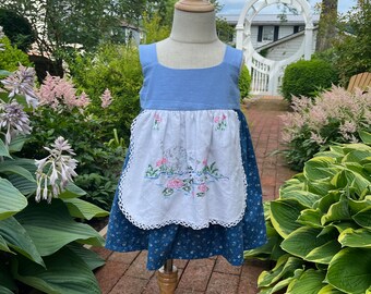 May include: A blue and white dress with a floral print and a white embroidered apron. The apron features a design of two ducks in a pond with pink flowers.