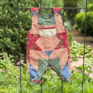 Newborn patchwork overalls up-cycled from a pillow sham