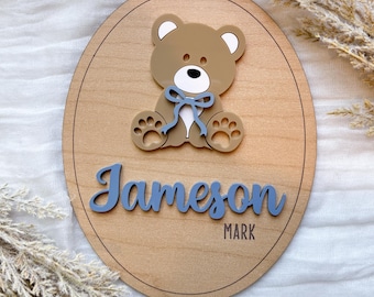 Letrero con nombre de osito de peluche para bebé, anuncio de nombre, letrero con nombre de hospital, letrero con nombre de recién nacido, regalo para baby shower, recuerdo