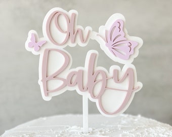 Adorno para tarta de baby shower con forma de mariposa, adorno para tarta Oh Baby, niña, adorno para tarta, mariposa morada, una pequeña mariposa está en camino