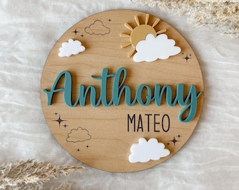 Letrero con nombre de bebé, sol, nubes y estrellas, letrero con datos de nacimiento, anuncio de nombre, letrero con nombre del hospital, letrero con nombre del recién nacido, regalo para baby shower, recuerdo