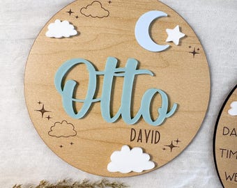 Letrero con el nombre del bebé, luna, nubes y estrellas, letrero con datos de nacimiento, anuncio de nombre, letrero con el nombre del hospital, letrero con el nombre del recién nacido, regalo para baby shower, recuerdo