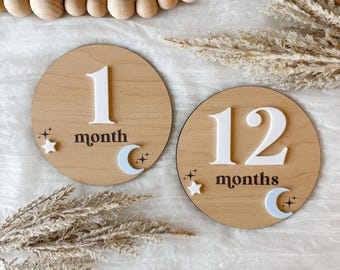 Set de hitos de estrellas y luna, set de hitos para bebé, set de hitos mensuales, marcador de hitos, regalo para bebé, foto mensual de bebé, regalo para baby shower