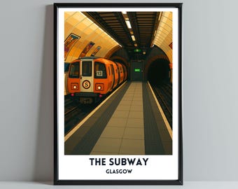 May include: A framed art print depicting a Glasgow subway scene. An orange and white train is in the station. The artwork has a retro style with the words "THE SUBWAY" and "GLASGOW" at the bottom.