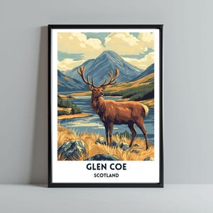 Glen Coe Stag Travel Poster | Art Print | Scottish Highlands Travel Poster | Nature Print Unframed Wall Art | Home Decor Gift