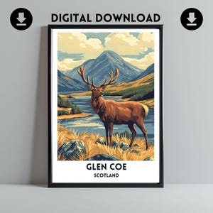 Glen Coe Stag Travel Poster | Digital Art Print | Scottish Nature Travel Poster | Printable Wall Art | Home Gift Download