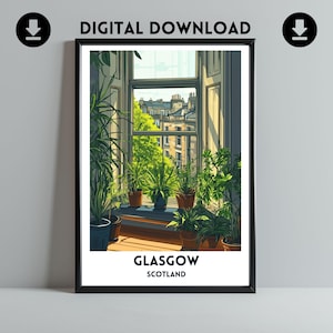 Glasgow Mietshaus Erker Fenster Grün | Digitaler Kunstdruck | Schottische Stadt Reise Poster | Stadtansicht druckbare Kunst | Geschenk zum Download