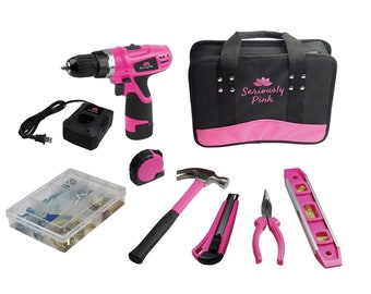 SERIOUSLY PINK Cordless Drill Set, 12V or 20V - Long Battery with Fast Charger, Easy Keyless Chuck, Includes 5 Hand Tools & Carrying Case