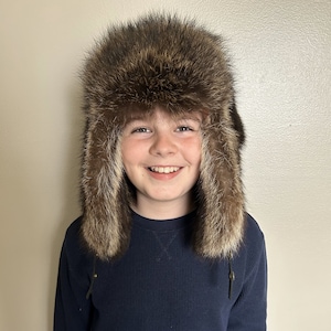 Raccoon Fur Bomber Hat, With Ear Flap Snaps, Warm Authentic Fur