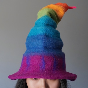 Handmade wool felt rainbow foldable witch hat