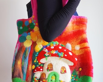Handmade Felt Mushroom House Bag, Whimsical Needle Felted Tote, Fantasy Art Bag