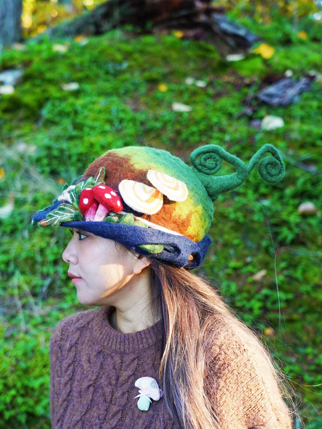 Wool Sauna Hat Handmade Felted Forest Hat Boho Witchy Vibes  Small/child size Sauna Hat, Fairy Tale Felted Wool Hat for Woman, Green  main image 4