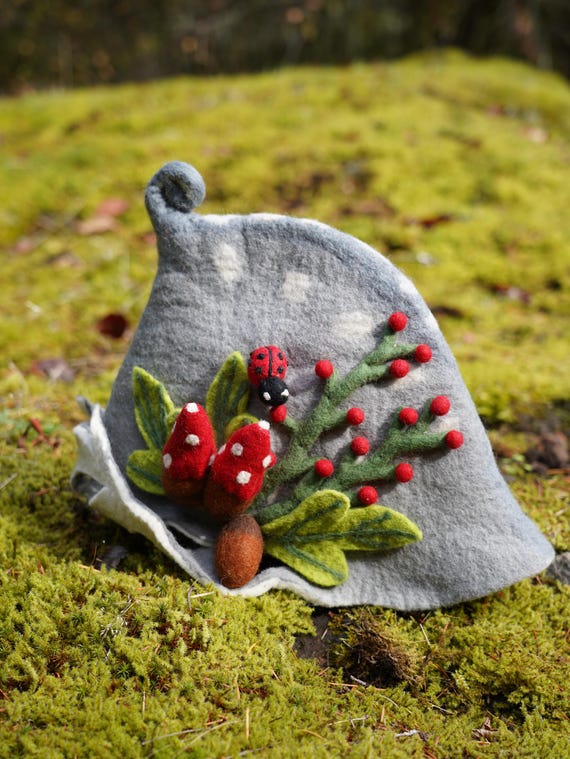 Handmade Wool Felt Ladybug Forest Hat, Sauna Hat