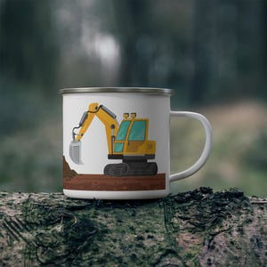 Taza de camping esmaltada con excavadora - 355 ml. Taza de acero inoxidable para los pequeños amantes de la tierra. Ideal para bebidas y aperitivos. Ideal para regalar.