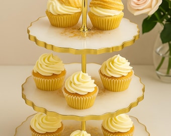 Alzata per dessert in resina bianca perla e oro a 3 livelli – Elegante vassoio fatto a mano per matrimoni, regali e decorazioni per la casa