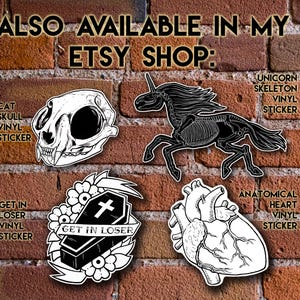 May include: A brick wall background with five different vinyl stickers. The stickers are for a cat skull, a unicorn skeleton, a coffin with the text "Get in Loser", an anatomical heart, and a coffin with the text "Get in Loser".