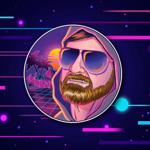 May include: A digital illustration of a man wearing sunglasses and a hooded sweatshirt, set against a retro-style background with a sunset, palm trees, and a grid. The color palette includes shades of purple, pink, and blue.