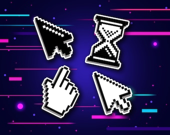 May include: Four pixelated computer icons on a dark blue background with pink and blue lines. The icons are a black arrow cursor, a white arrow cursor, a white hand cursor, and a black hourglass.