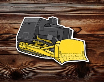 May include: A yellow and black cartoon illustration of a bulldozer. The bulldozer has a large blade and tracks.