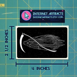 May include: Black and white illustration of Death, a skeletal figure with a scythe, flying through the air. The image is on a black background with white stars. The image is 4 inches wide and 2 1/2 inches tall.