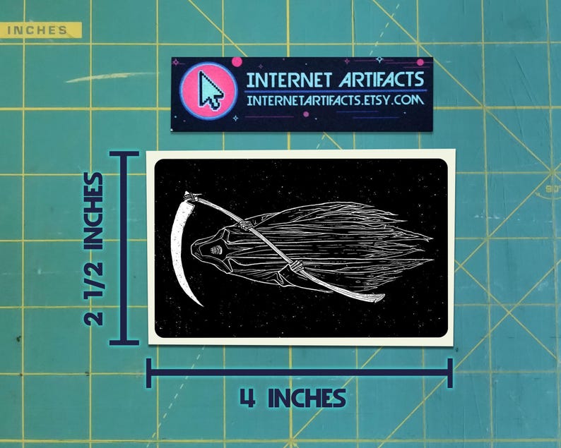 May include: Black and white illustration of Death, a skeletal figure with a scythe, flying through the air. The image is on a black background with white stars. The image is 4 inches wide and 2 1/2 inches tall.