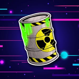 May include: A yellow and black striped metal barrel with a green dripping substance and a yellow and black radiation symbol. The barrel is on a dark blue background with pink and blue lines.