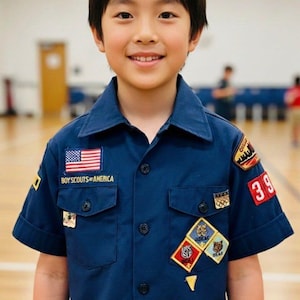 May include: A young boy wearing a dark blue Boy Scouts of America uniform shirt with patches and the American flag. The shirt has short sleeves and a button-down collar. The boy is smiling.