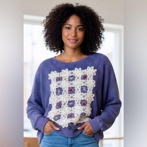 Free People Vibe Upcycled Cottage Core Blue Denim Waffle Batwing Top Lace 8/10 image 1