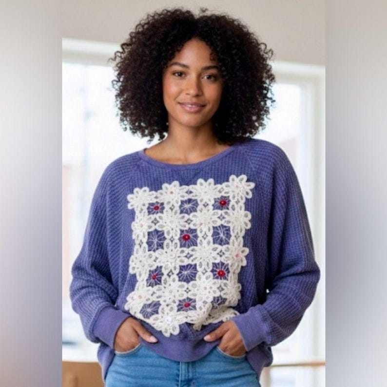 Free People Vibe Upcycled Cottage Core Blue Denim Waffle Batwing Top Lace 8/10 image 1