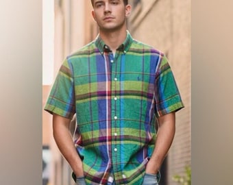 Camisa de manga corta a cuadros verde azulado y madrás clásica vintage de los años 80 de Ralph Lauren, talla L