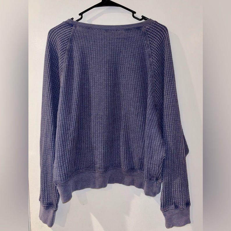 Free People Vibe Upcycled Cottage Core Blue Denim Waffle Batwing Top Lace 8/10 image 3