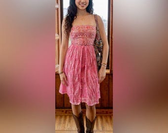 CYNTHIA STEFFE Vintage Y2K Boho Pink Cotton Strapless Embroidered Midi Dress 4