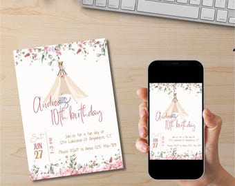 Uitnodiging voor feest tipi bewerkbare, logeerpartijtje verjaardagsfeestje uitnodigen, slaapfeestje, tentfeest, verjaardagsfeestje meisjes, digitale download