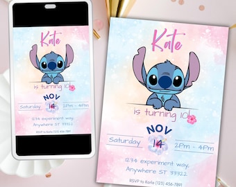 May include: A pink and blue invitation with a cartoon Stitch character. The invitation says "Kate is turning 10" and includes the date, time, and location of the party. RSVP information is also included.