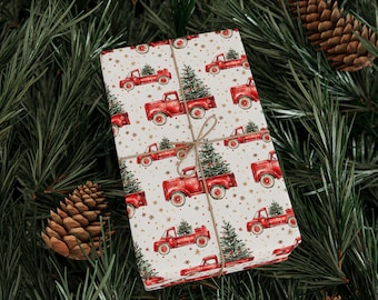 Vintage Red Truck Christmas Wrapping Paper | Retro Vintage Christmas Truck