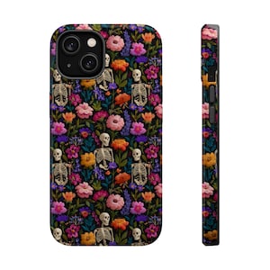 Vintage Skeletons Floral Phone Case: Embroidered Charm, Halloween Cottagecore