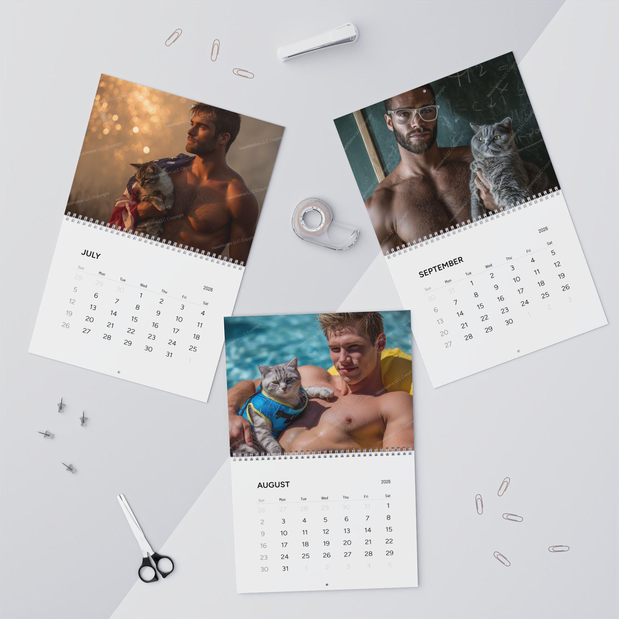 Men that Women Live For カレンダー Shirtless Men and Cats 2026 Wall Calendar | Funny Gag Secret Santa
