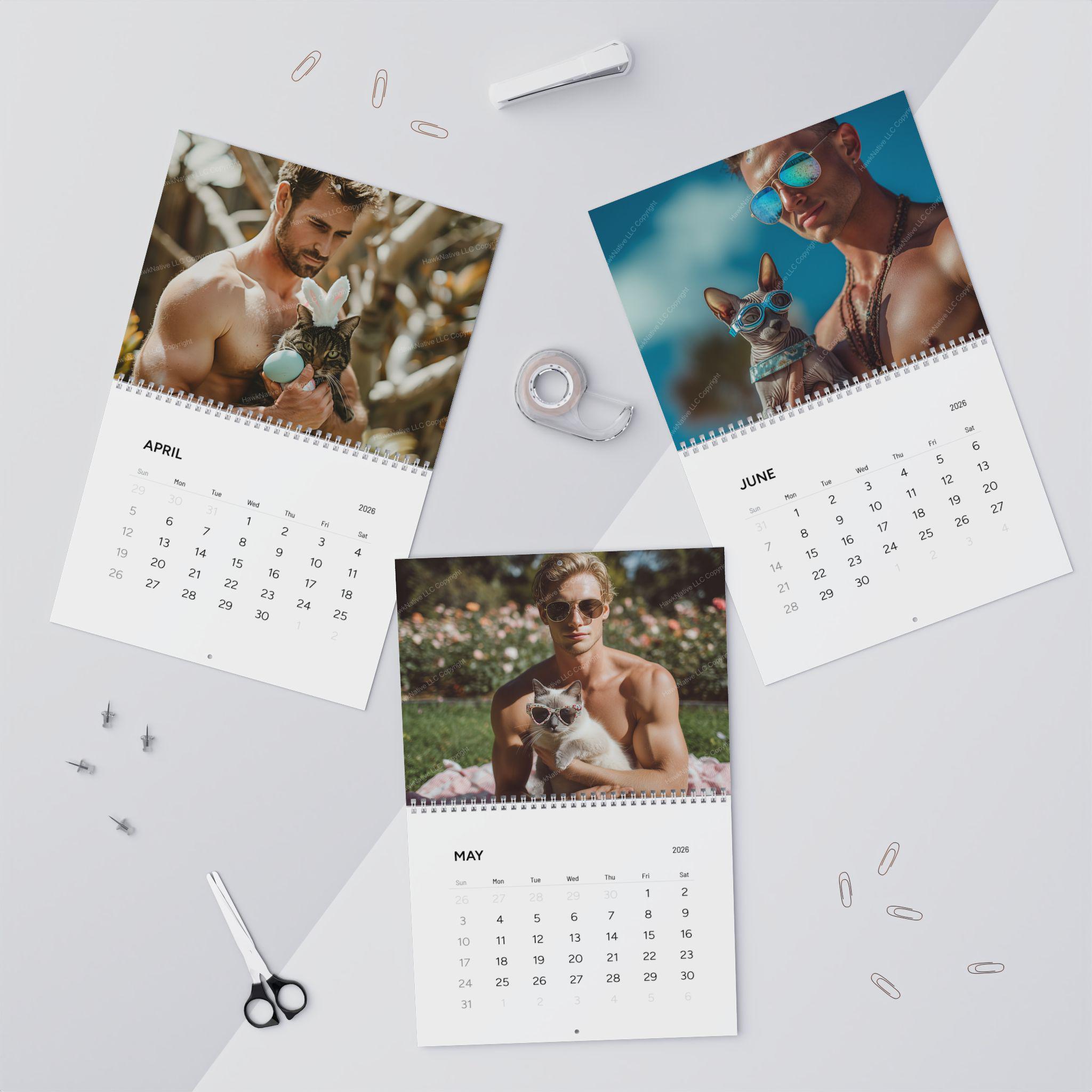 Shirtless Men and Cats 2026 Wall Calendar | Funny Gag Secret Santa