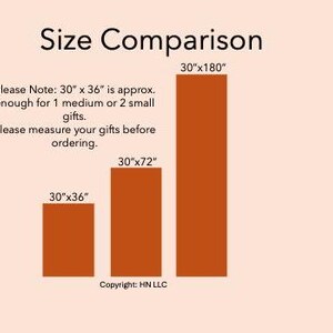 May include: A size comparison chart with three brown rectangular columns labeled with dimensions in inches: 30"x36", 30"x72", and 30"x180". The text indicates the 30"x36" size is suitable for one medium or two small gifts. The background is a light peach color.