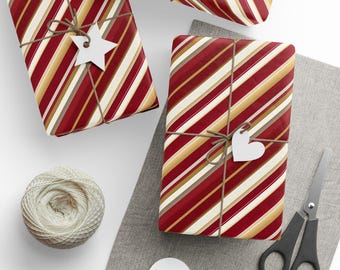 Vintage Christmas Wrapping Paper Red Gold Stripes | Paper Rolls Classy Gift Wrap | Elegant Holiday Packaging | Luxury Festive Gift Wrap