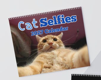 May include: A spiral-bound wall calendar titled Cat Selfies 2027 Calendar. The cover features a photograph of an orange tabby cat looking directly into the camera lens with its front paws extended forward, creating a selfie-style perspective.