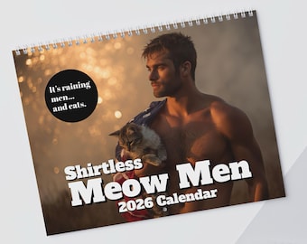 Calendario de pared con hombres sin camisa y estilo gato (2026). Hombres sin camisa, regalo divertido para intercambio de regalos navideños (amigo invisible).