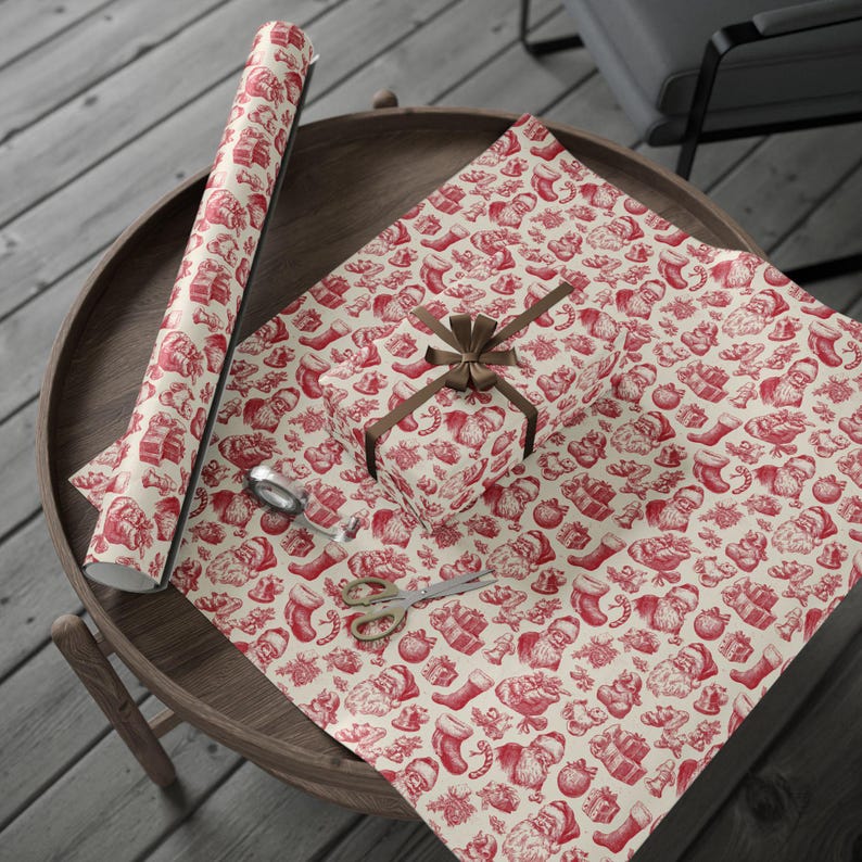 Papel de regalo navideño vintage Toile, rollo de papel para envolver regalos navideños, papel para envolver regalos navideños, papel para envolver regalos navideños, papel para envolver regalos vintage victoriano imagen 4