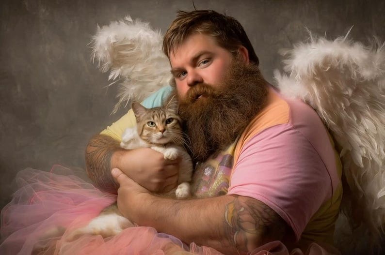 May include: A person with a long beard and tattoos, wearing a pink and yellow shirt, and a pink tutu, holding a cat. The person has white feathered angel wings. The cat is light brown and white.