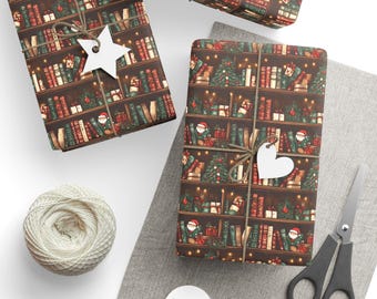 May include: Wrapped gifts with brown paper featuring a bookshelf design with Christmas decorations. The gifts are tied with twine and adorned with white star and heart-shaped tags. A ball of twine, scissors, and blank tags are also present.